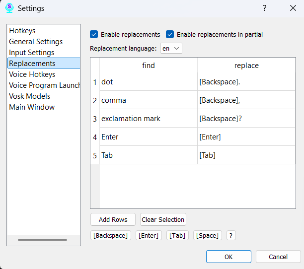 Replacements Settings