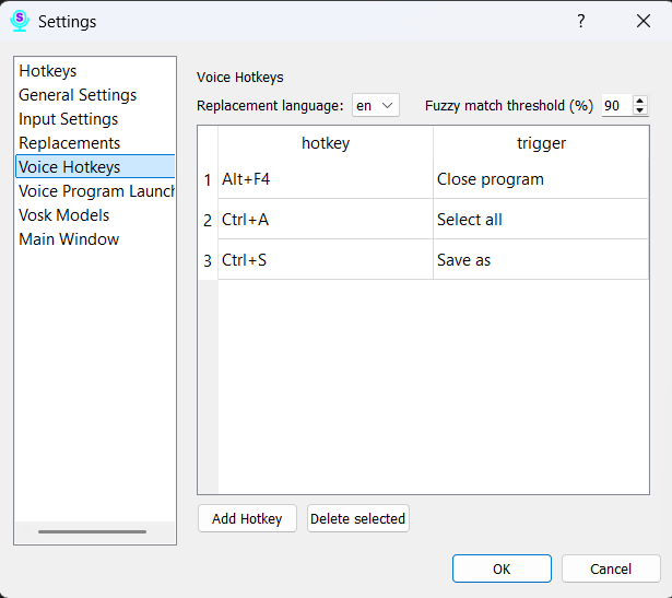 Voice Hotkeys Settings