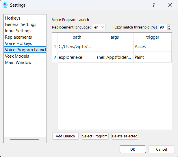 Voice Program Launch Settings