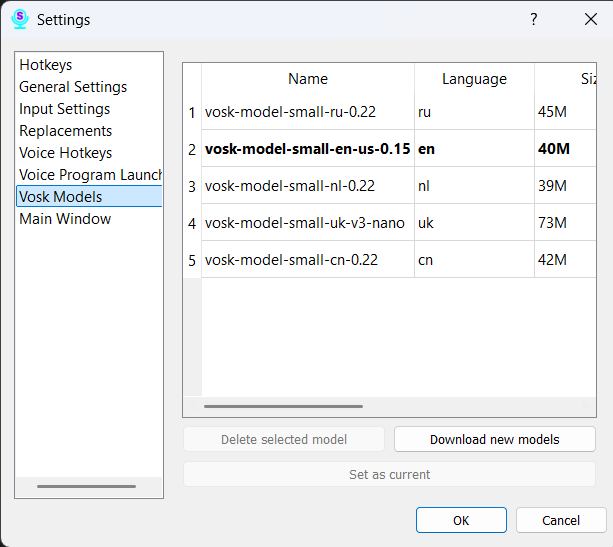 Vosk Models Settings